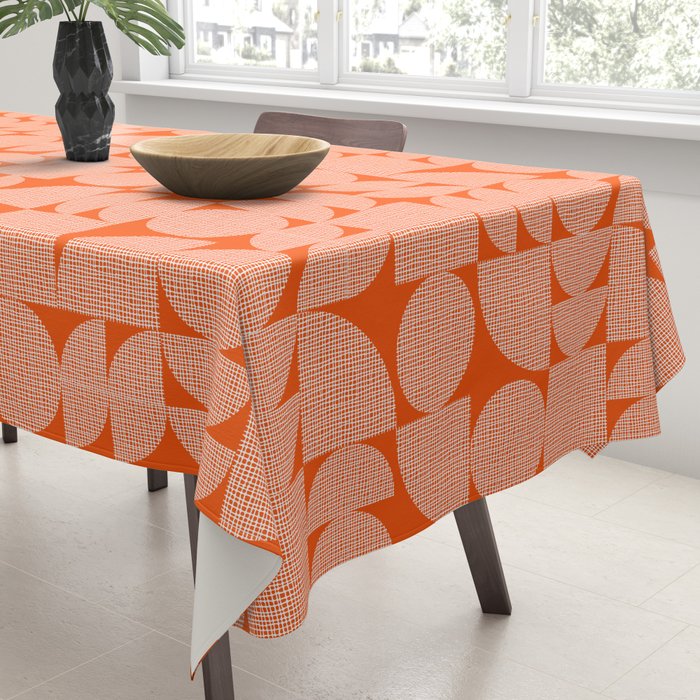 Mid Century Modern Geometric Textured Shapes Orange And White Tablecloth Gallery Image 3