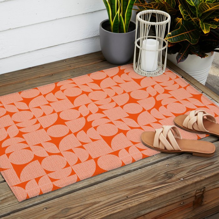 Mid Century Modern Geometric Textured Shapes Orange And White Outdoor Rug Gallery Image 2