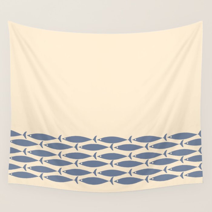 Fish Cuff - Minimalist Mid Century Modern Fish in Cream and Stone Blue Wall Tapestry Gallery Image 1
