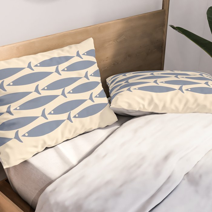 Fish Cuff - Minimalist Mid Century Modern Fish in Cream and Stone Blue Pillow Sham Gallery Image 2
