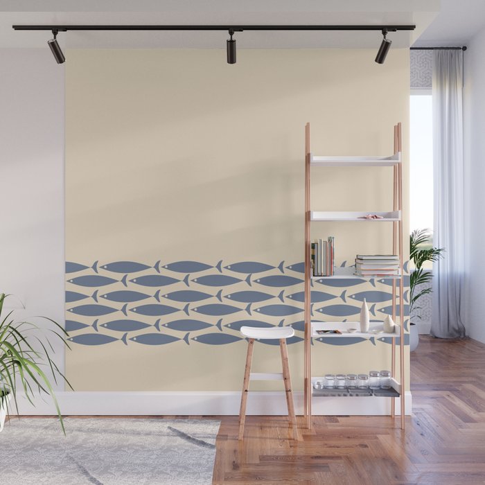Fish Cuff - Minimalist Mid Century Modern Fish in Cream and Stone Blue Wall Mural Gallery Image 1