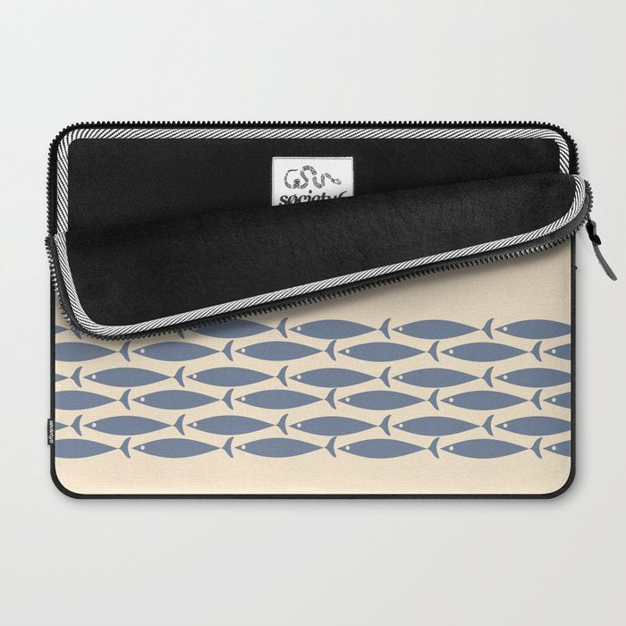 Fish Cuff - Minimalist Mid Century Modern Fish in Cream and Stone Blue Laptop Sleeve Gallery Image 2