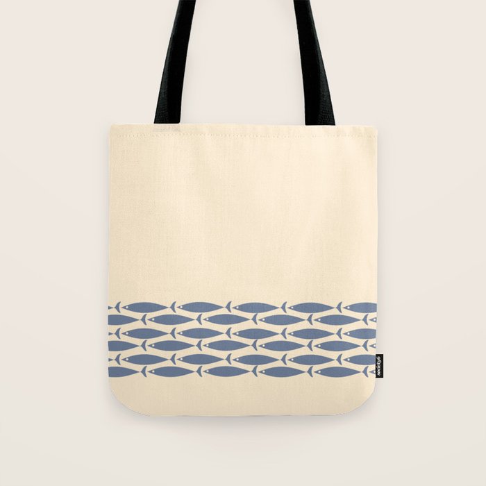 Fish Cuff - Minimalist Mid Century Modern Fish in Cream and Stone Blue Tote Bag Gallery Image 1
