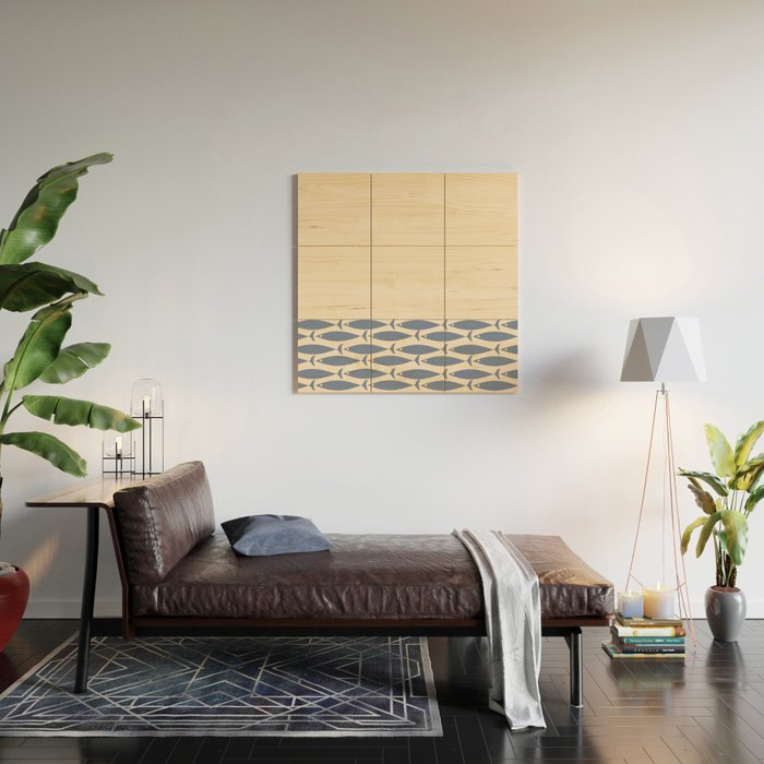 Fish Cuff - Minimalist Mid Century Modern Fish in Cream and Stone Blue Wood Wall Art Gallery Image 2