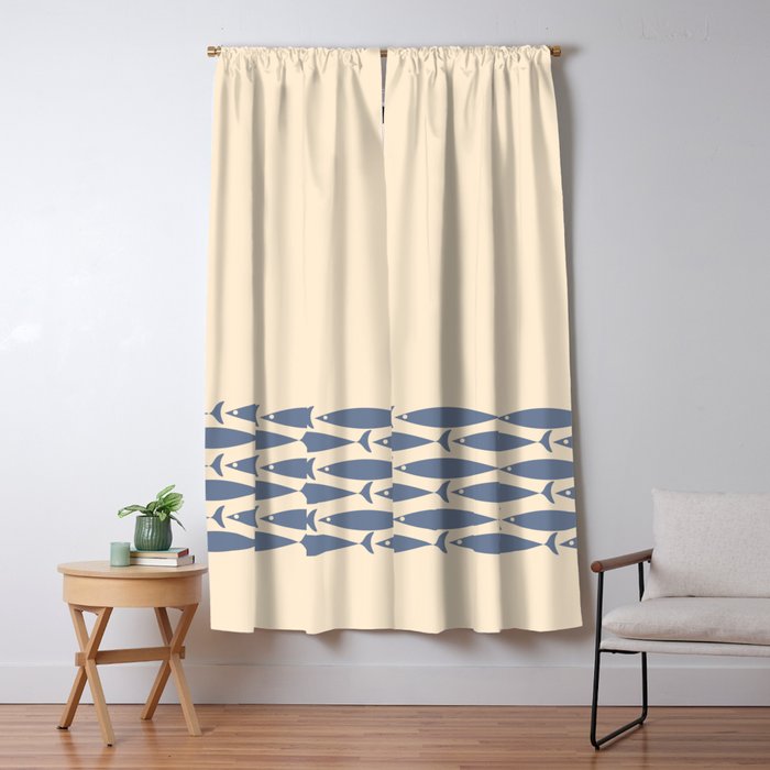 Fish Cuff - Minimalist Mid Century Modern Fish in Cream and Stone Blue Window Curtain Gallery Image 5