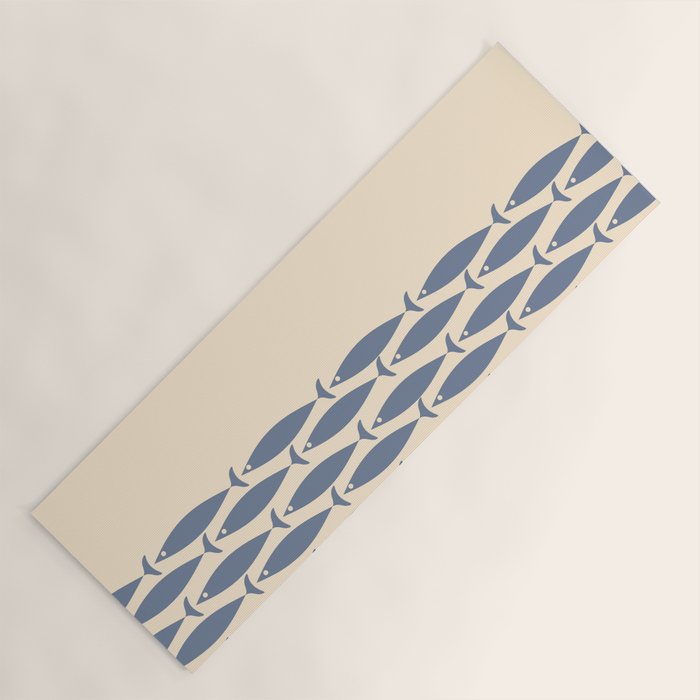 Fish Cuff - Minimalist Mid Century Modern Fish in Cream and Stone Blue Yoga Mat Gallery Image 1