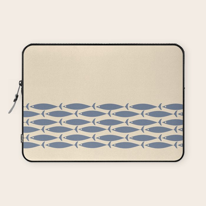 Fish Cuff - Minimalist Mid Century Modern Fish in Cream and Stone Blue Laptop Sleeve Gallery Image 1