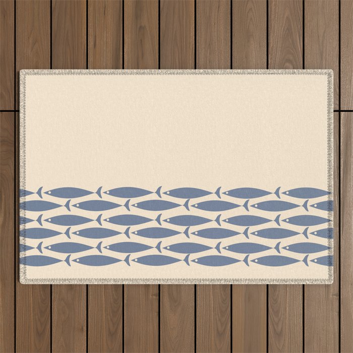Fish Cuff - Minimalist Mid Century Modern Fish in Cream and Stone Blue Outdoor Rug Gallery Image 1