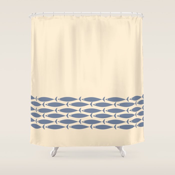 Fish Cuff - Minimalist Mid Century Modern Fish in Cream and Stone Blue Shower Curtain Gallery Image 1