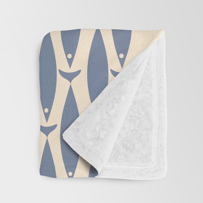 Fish Cuff - Minimalist Mid Century Modern Fish in Cream and Stone Blue Throw Blanket Gallery Image 3