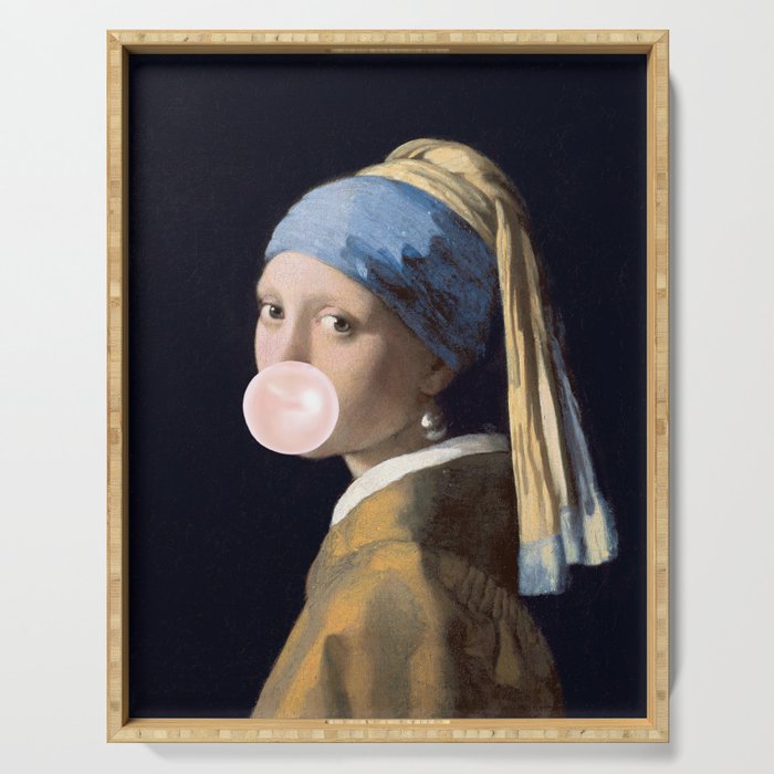 Girl with Pearl Earing Blowing Gum Serving Tray Gallery Image 1