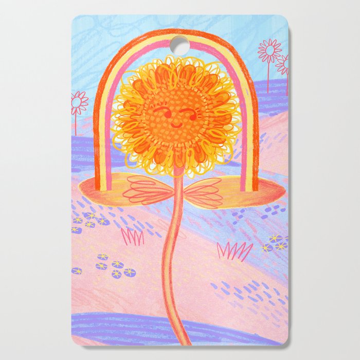 Retro Sunflower & Rainbow in Blue & Pink Cutting Board Gallery Image 1