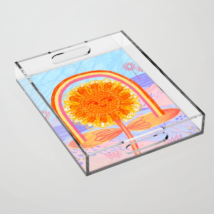 Retro Sunflower & Rainbow in Blue & Pink Acrylic Tray Gallery Image 1