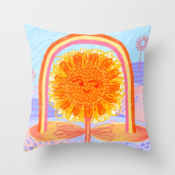 Retro Sunflower & Rainbow in Blue & Pink Throw Pillow Gallery Image 6