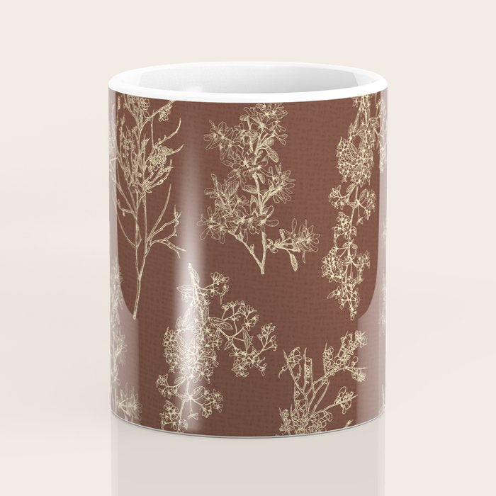 Botanical Cottage Woven Look Pattern in Dark Brown and Cream Coffee Mug Gallery Image 4