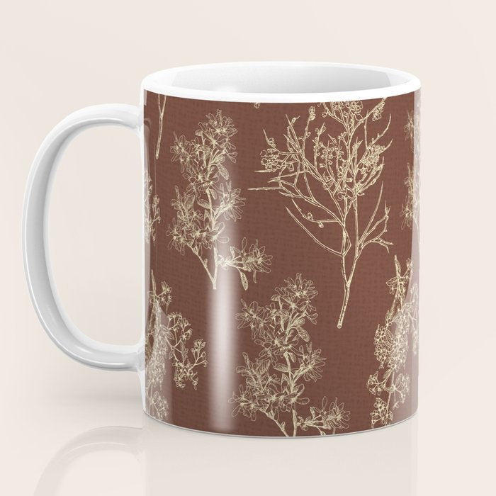 Botanical Cottage Woven Look Pattern in Dark Brown and Cream Coffee Mug Gallery Image 3
