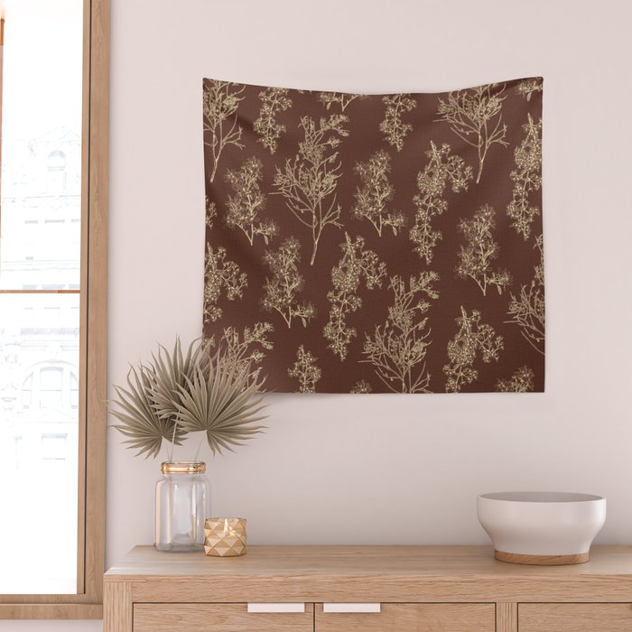 Botanical Cottage Woven Look Pattern in Dark Brown and Cream Wall Tapestry Gallery Image 2