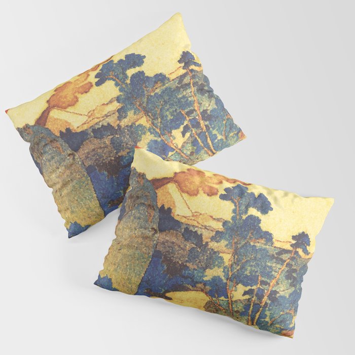 Ancient Path to Kunisada - Nature Ukiyo Landscape in Yellow, Gold, Green, Red and Orange Pillow Sham Gallery Image 1