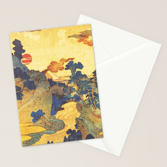 Ancient Path to Kunisada - Nature Ukiyo Landscape in Yellow, Gold, Green, Red and Orange Stationery Card Gallery Image 2