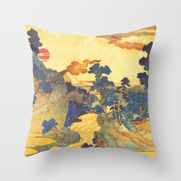 Ancient Path to Kunisada - Nature Ukiyo Landscape in Yellow, Gold, Green, Red and Orange Throw Pillow Gallery Image 6