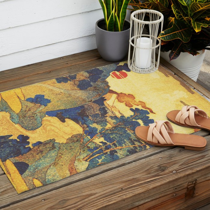 Ancient Path to Kunisada - Nature Ukiyo Landscape in Yellow, Gold, Green, Red and Orange Outdoor Rug Gallery Image 2
