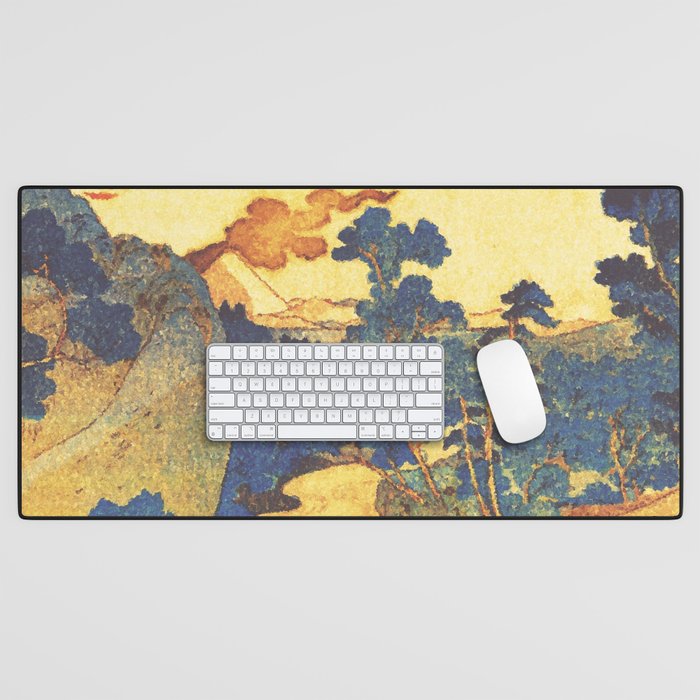 Ancient Path to Kunisada - Nature Ukiyo Landscape in Yellow, Gold, Green, Red and Orange Desk Mat Gallery Image 1
