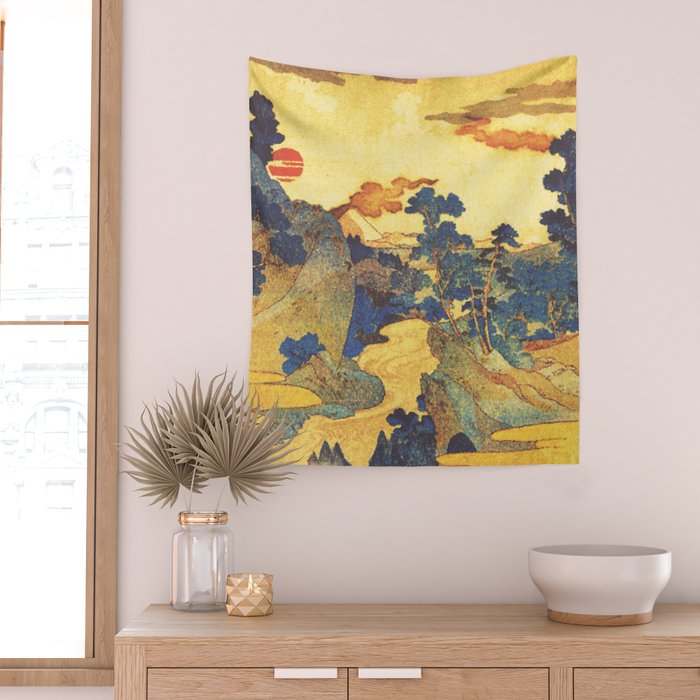 Ancient Path to Kunisada - Nature Ukiyo Landscape in Yellow, Gold, Green, Red and Orange Wall Tapestry Gallery Image 2