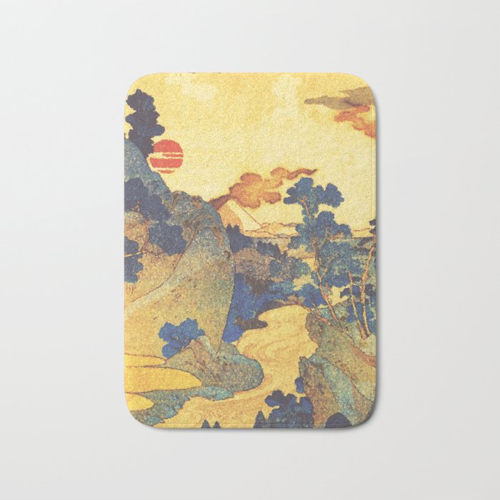 Ancient Path to Kunisada - Nature Ukiyo Landscape in Yellow, Gold, Green, Red and Orange Bath Mat Gallery Image 1