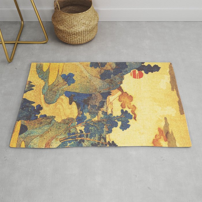 Ancient Path to Kunisada - Nature Ukiyo Landscape in Yellow, Gold, Green, Red and Orange Rug Gallery Image 1