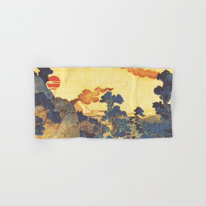 Ancient Path to Kunisada - Nature Ukiyo Landscape in Yellow, Gold, Green, Red and Orange Bath Towel Gallery Image 1