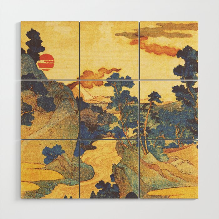 Ancient Path to Kunisada - Nature Ukiyo Landscape in Yellow, Gold, Green, Red and Orange Wood Wall Art Gallery Image 1