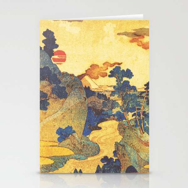 Ancient Path to Kunisada - Nature Ukiyo Landscape in Yellow, Gold, Green, Red and Orange Stationery Card Gallery Image 2