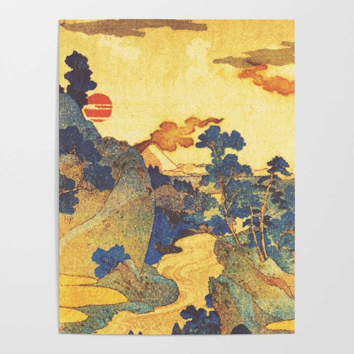 Ancient Path to Kunisada - Nature Ukiyo Landscape in Yellow, Gold, Green, Red and Orange Poster Gallery Image 1