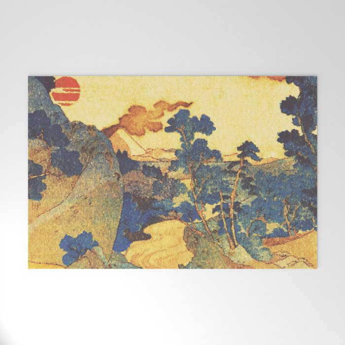 Ancient Path to Kunisada - Nature Ukiyo Landscape in Yellow, Gold, Green, Red and Orange Welcome Mat Gallery Image 1