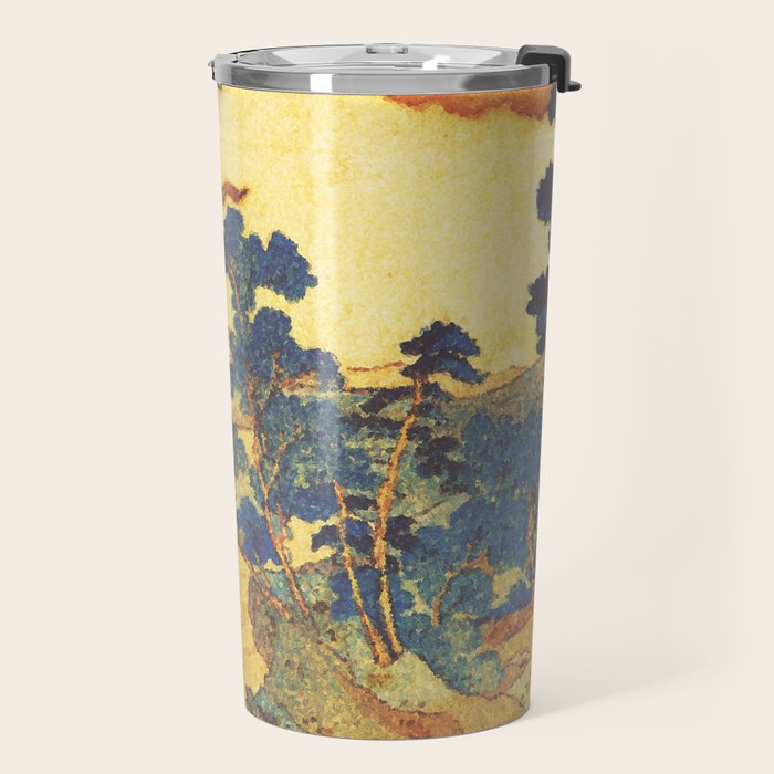Ancient Path to Kunisada - Nature Ukiyo Landscape in Yellow, Gold, Green, Red and Orange Travel Mug Gallery Image 2