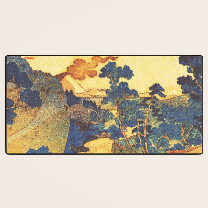 Ancient Path to Kunisada - Nature Ukiyo Landscape in Yellow, Gold, Green, Red and Orange Desk Mat Gallery Image 3