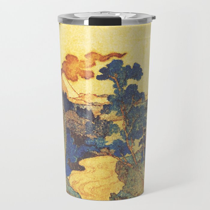 Ancient Path to Kunisada - Nature Ukiyo Landscape in Yellow, Gold, Green, Red and Orange Travel Mug Gallery Image 1