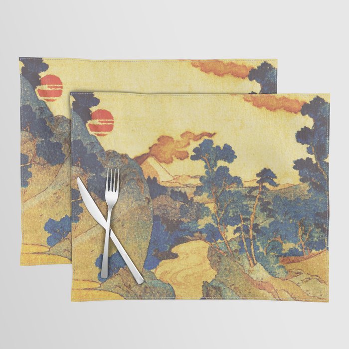 Ancient Path to Kunisada - Nature Ukiyo Landscape in Yellow, Gold, Green, Red and Orange Placemat Gallery Image 1