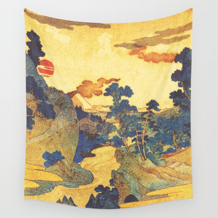 Ancient Path to Kunisada - Nature Ukiyo Landscape in Yellow, Gold, Green, Red and Orange Wall Tapestry Gallery Image 4
