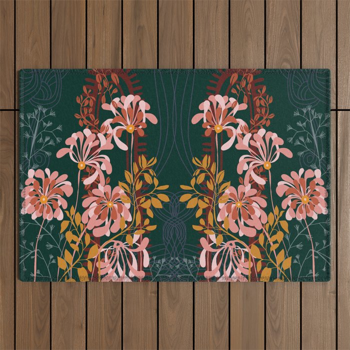 Alfons Mucha would love this flowers - emerald green Outdoor Rug Gallery Image 1
