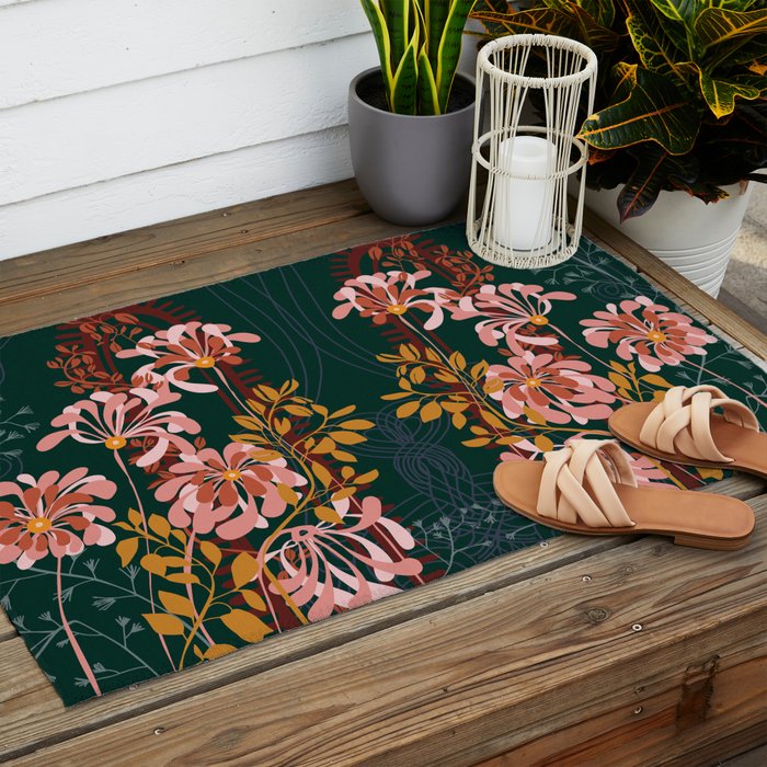 Alfons Mucha would love this flowers - emerald green Outdoor Rug Gallery Image 2