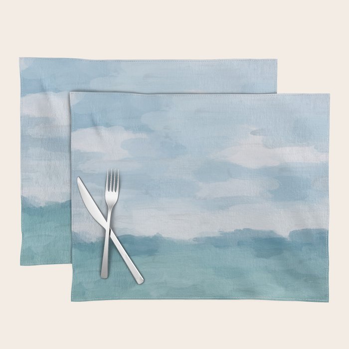 Ocean Clouds - Mint Blue White Gray Abstract Wall Art Painting Placemat Gallery Image 1
