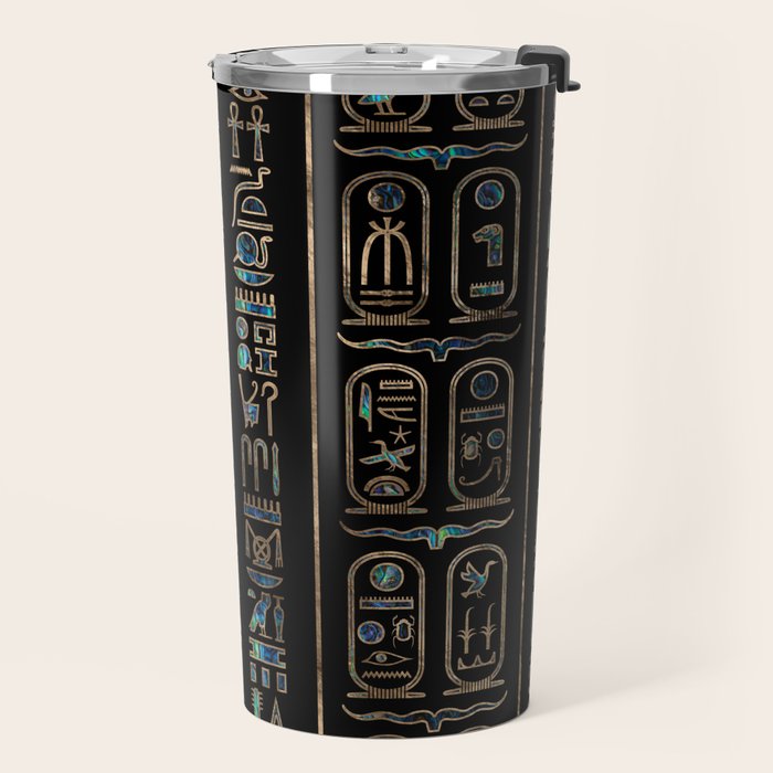 Egyptian hieroglyphs pattern Gold Abalone Travel Mug Gallery Image 2