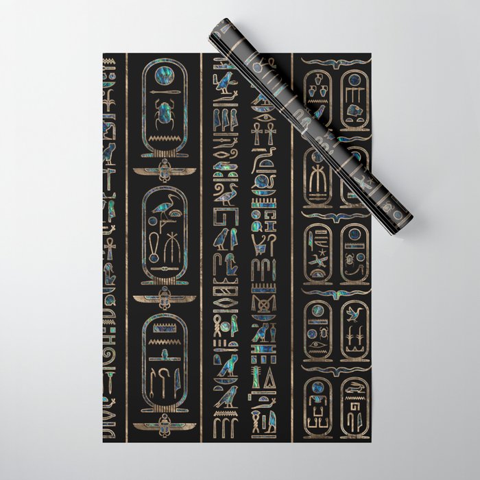 Egyptian hieroglyphs pattern Gold Abalone Wrapping Paper Gallery Image 1