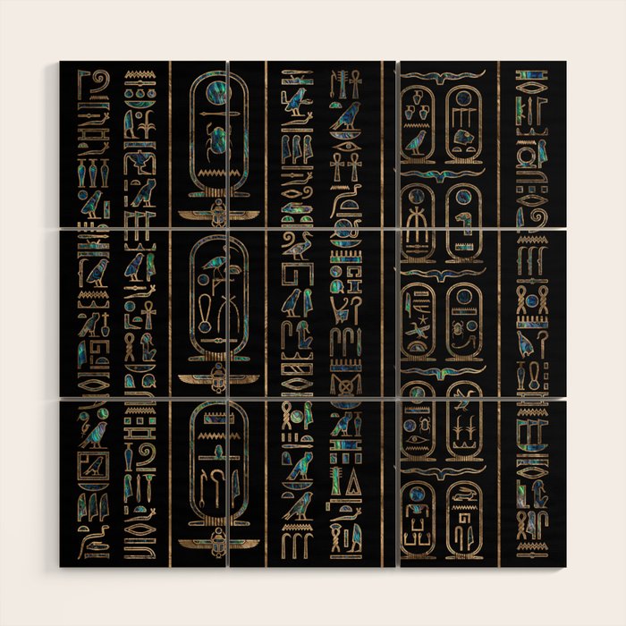 Egyptian hieroglyphs pattern Gold Abalone Wood Wall Art Gallery Image 1