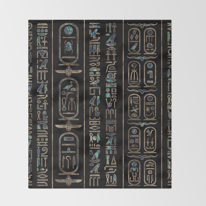Egyptian hieroglyphs pattern Gold Abalone Throw Blanket Gallery Image 2
