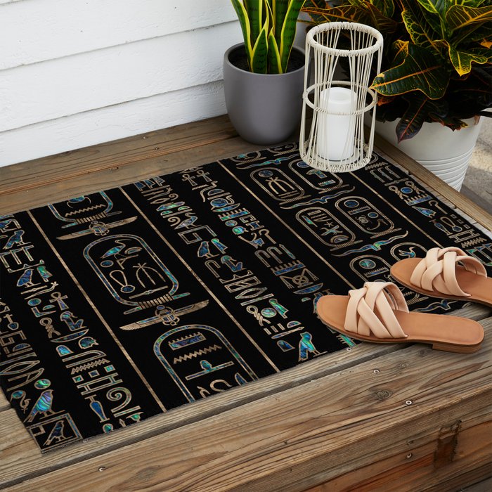 Egyptian hieroglyphs pattern Gold Abalone Outdoor Rug Gallery Image 2