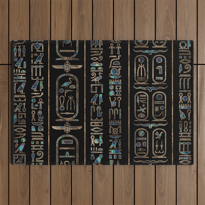 Egyptian hieroglyphs pattern Gold Abalone Outdoor Rug Gallery Image 1