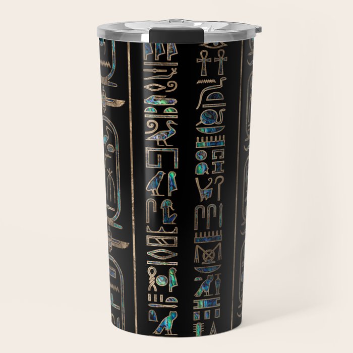 Egyptian hieroglyphs pattern Gold Abalone Travel Mug Gallery Image 1