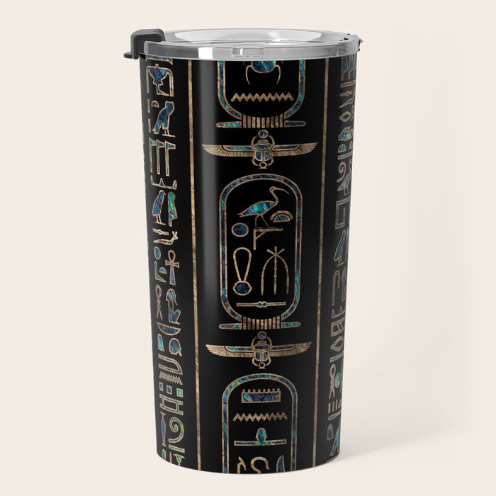 Egyptian hieroglyphs pattern Gold Abalone Travel Mug Gallery Image 3